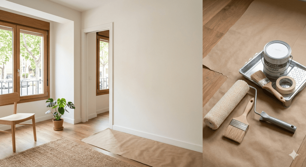 Interior de una vivienda en España con una pared limpia y preparada para la aplicación de pintura antihumedad. En el suelo protegido, un kit de pintura profesional con rodillo, brocha, cinta de carrocero y un bote de pintura específica para humedades en paredes interiores. Fotografía de estilo arquitectónico con luz natural y tonos neutros, mostrando un ambiente ordenado antes de la reforma.