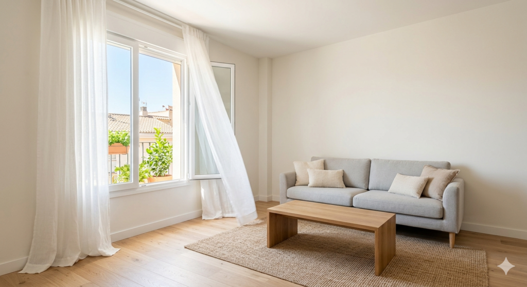 Interior de un salón luminoso y bien ventilado en una vivienda real en Valencia, con una ventana abierta de par en par, cortinas blancas de lino moviéndose suavemente con la brisa, paredes limpias y en buen estado, suelos de madera, un sofá gris minimalista, una mesa de centro de madera y una alfombra de yute. La escena transmite una sensación de aire fresco, limpieza y un ambiente seco y renovado, perfecto para eliminar olores a humedad. Ideal para fotografía arquitectónica inmobiliaria de alta definición.