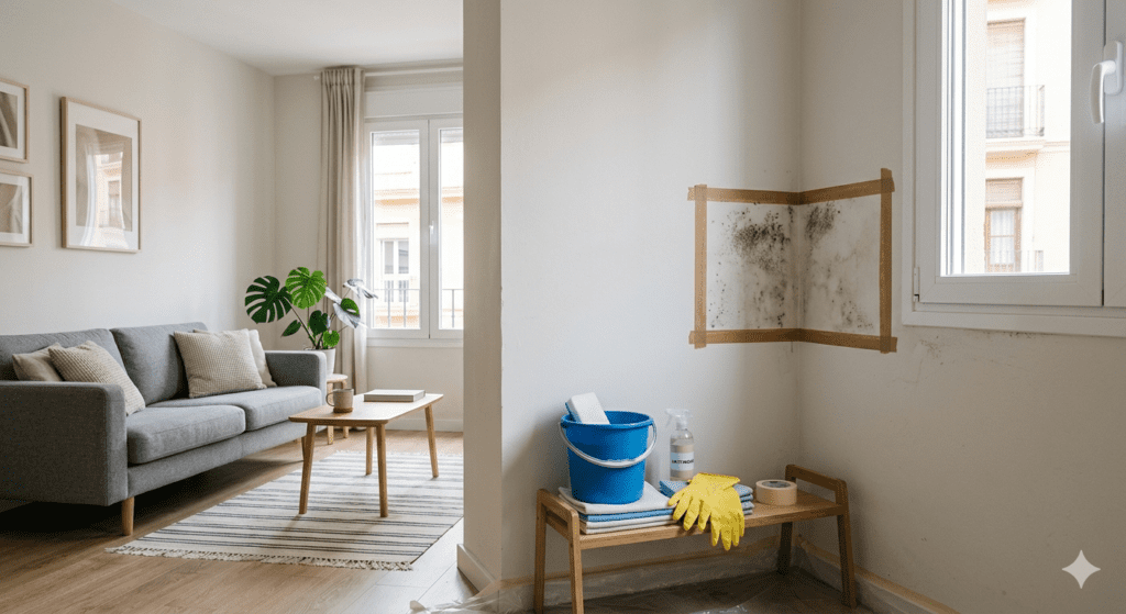 Una toma fotorrealista de gran angular que muestra un salón doméstico ordenado y preparado para un proceso de limpieza de moho. Una esquina de la pared, junto a una ventana de aluminio blanco, presenta moho superficial enmarcado con cinta de carrocero marrón para un tratamiento localizado. Debajo de la zona afectada, sobre un estante de madera bajo, se organizan perfectamente suministros de limpieza: un cubo azul, toallas de microfibra dobladas, guantes de goma amarillos, un bote de spray de limpieza y cinta de carrocero adicional, con plástico protector en el suelo. El resto del salón está impecable, con un sofá gris claro, una mesa de centro de madera con un libro y una taza, una planta Monstera grande y arte de pared abstracto con marcos de madera sobre suelo de madera. La iluminación natural suave de las ventanas ilumina la escena, creando una composición limpia y técnica con tonos neutros.