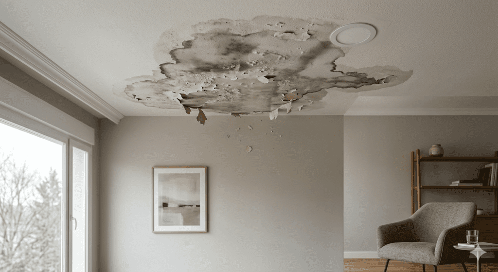 Primer plano de una grave mancha de humedad en el techo de un salón interior con la pintura abombada y desprendiéndose, revelando moho oscuro y restos caídos cerca de una lámpara empotrada y molduras.