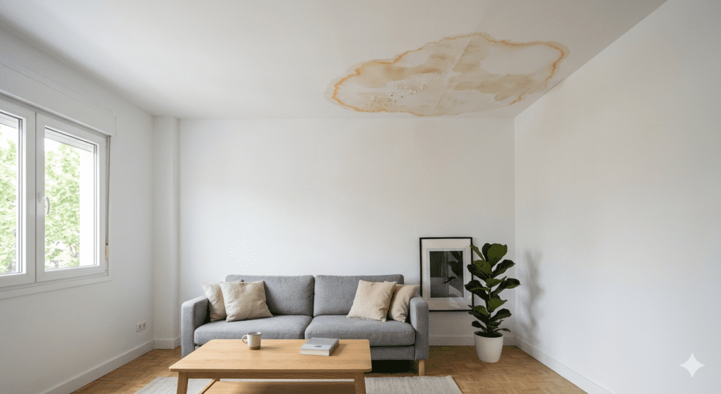 Fotografía de un salón moderno con grandes manchas de humedad en el techo de color amarillento, indicando una filtración de agua.