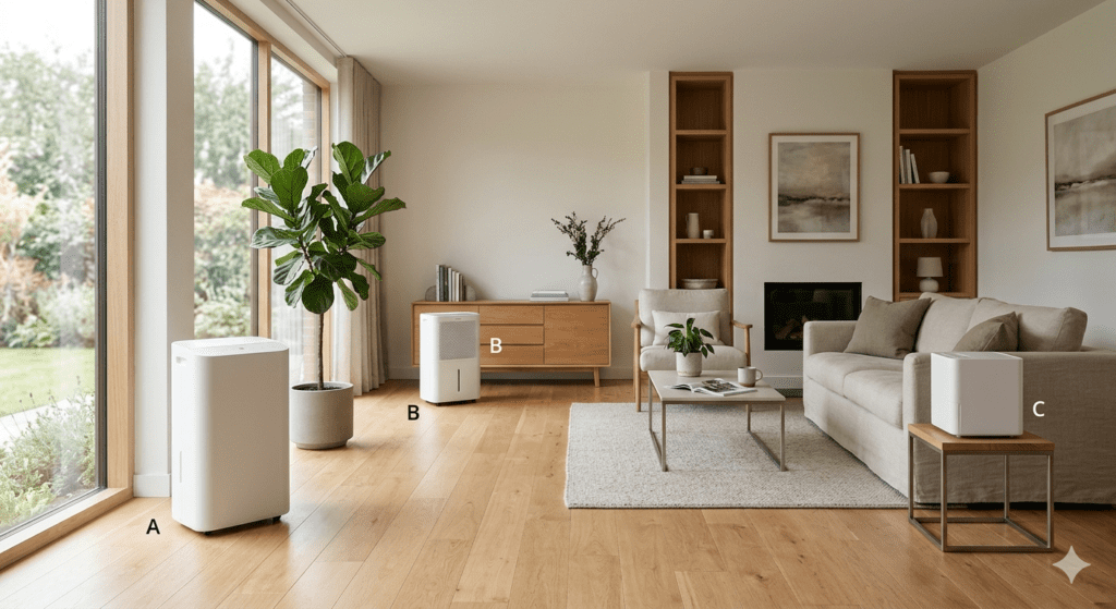 Comparativa de los mejores deshumidificadores calidad precio de diseño elegante en un salón moderno y luminoso con luz natural, mostrando diferentes modelos de bajo consumo para un ambiente saludable.