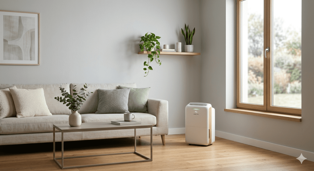 Deshumidificador moderno y elegante para casa funcionando de forma silenciosa en un salón con decoración de tonos neutros y suelo de madera. Esta es una excelente opción si buscas los mejores deshumidificadores para casa para mantener un ambiente saludable.