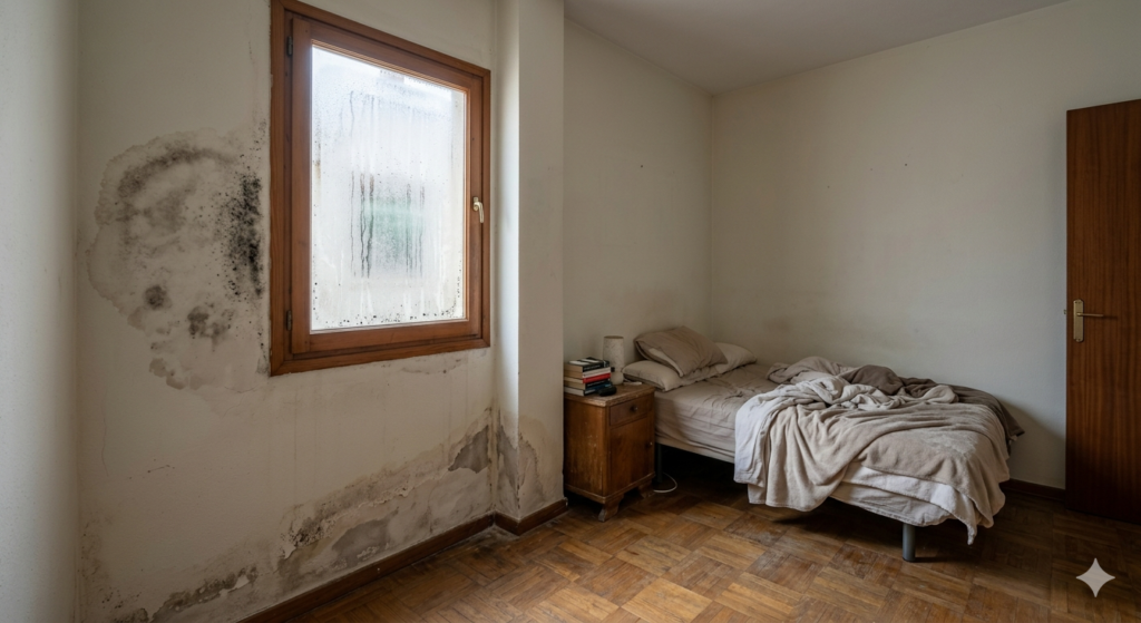 Un dormitorio desordenado con una gran mancha de moho negro en la pared junto a una ventana con marcos de madera, ilustrando un problema común de humedad y condensación en el hogar.