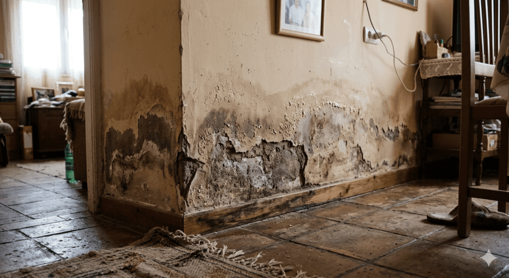 Fotografía realista del interior de una vivienda mostrando graves daños por humedad capilar en la base de una pared. La pintura está desconchada y el yeso está deteriorado sobre un suelo de baldosas de terracota en un ambiente doméstico.