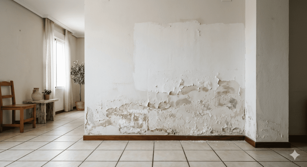 Fotografía realista del interior de una vivienda con una pared blanca afectada por humedad por capilaridad en la zona inferior. Se aprecia desprendimiento de pintura, eflorescencias salinas (salitre) y un parche de reparación parcial mal ejecutado. Estilo arquitectónico profesional con luz natural, suelos de baldosas y mobiliario de madera de fondo