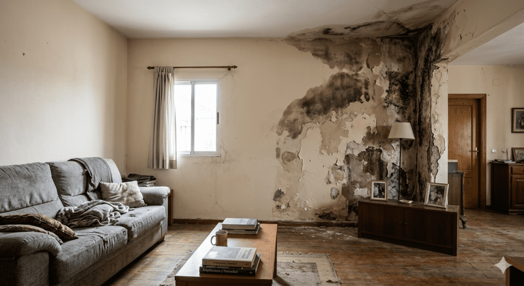 Fotografía de salón de una vivienda real en España mostrando graves problemas de humedad estructural en paredes y techo. Se observa crecimiento masivo de moho negro, pintura levantada y desconchada, y yeso deteriorado en la esquina derecha. Ambiente de urgencia para rehabilitación y reparación.