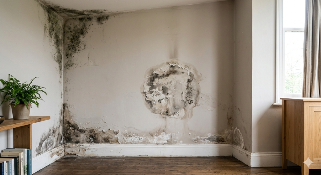 Fotografía fotorrealista de alta definición del interior de una vivienda real que muestra tres patrones distintos de humedad en una misma estancia para su identificación didáctica. En la esquina superior izquierda, se observa moho negro por condensación. En el centro de la pared, una mancha circular localizada con descascarillado indica humedad por filtración. En la base del muro, a lo largo del rodapié, se aprecia un deterioro significativo con eflorescencias salinas causado por humedad por capilaridad. La escena tiene una composición limpia, tonos neutros e iluminación natural suave.
