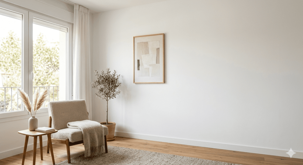 Interior de vivienda con una pared lisa renovada mediante la aplicación de pintura antihumedad para paredes, con un acabado uniforme en tonos neutros y buena iluminación natural.