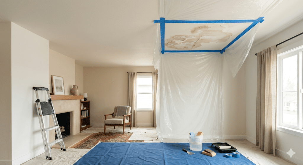 Una vista interior de una sala de estar ordenada con luz natural, mostrando un área del techo de panel de yeso (drywall) dañada por una mancha de humedad y pintura pelada. El área afectada está profesionalmente sellada con láminas de plástico transparente y cinta de pintor azul, y está lista para el saneamiento. En el primer plano, sobre una lona azul y una sábana protectora, se ven suministros de preparación para pintura organizados, incluyendo una cubeta, esponjas, una espátula, bloques de lijado y una bandeja de rodillo. Una escalera de mano de aluminio se encuentra a la izquierda, cerca de una chimenea. Esta imagen ilustra los pasos iniciales de la remediación de daños por agua y la preparación de superficies antes de pintar un techo interior.