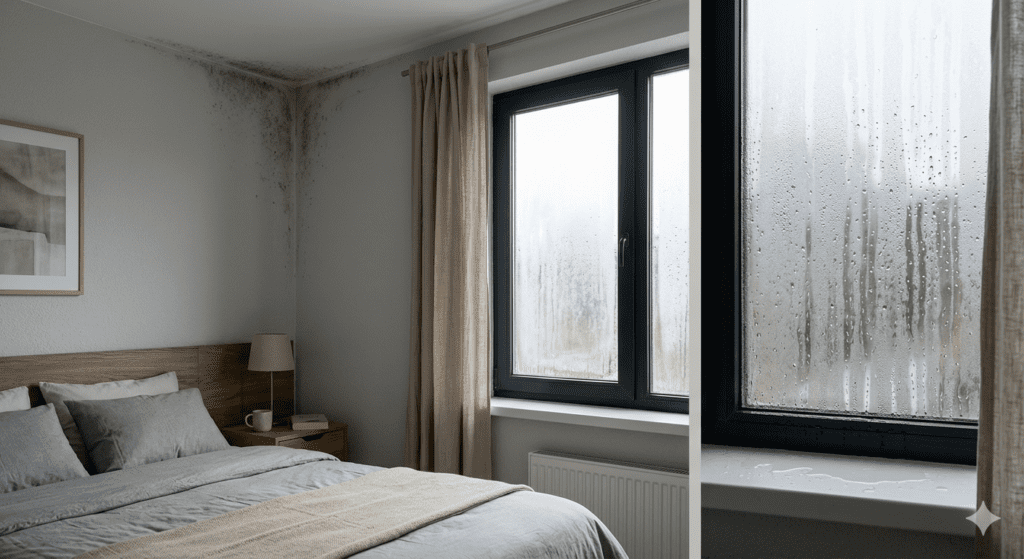 Primer plano de una ventana con cristales empañados y gotas de agua, junto a un dormitorio que muestra moho negro en la pared, ilustrando un problema grave de humedad por condensación en una vivienda.
