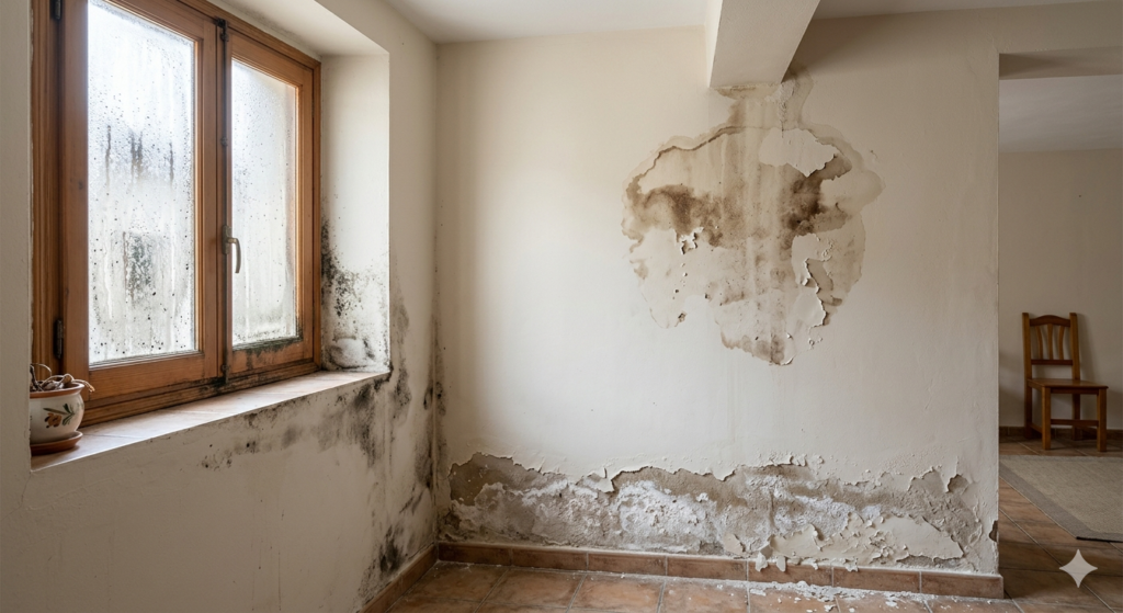 Fotografía fotorrealista del interior de una habitación que ilustra tres causas principales de humedad en paredes: condensación con moho negro en la ventana y esquina, una mancha irregular por filtración en el centro de la pared lateral, y deterioro por capilaridad con salitre y pintura levantada en la zona baja del muro. Escena limpia con iluminación natural suave.