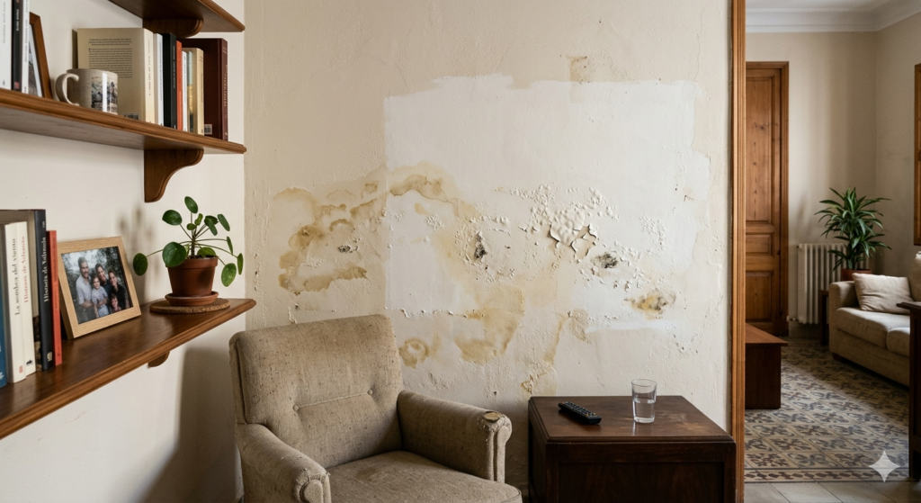 Fotografía profesional y realista de un salón doméstico en Valencia que muestra una reparación fallida de humedad en la pared. Se aprecia un parche rectangular de pintura blanca reciente sobre la pared beige original, pero las manchas amarillentas de humedad están reapareciendo visiblemente por debajo y alrededor, acompañadas de pintura abombada y desconchada. A la izquierda, estanterías de madera con libros y plantas; a la derecha, un sillón de tela beige y una mesa auxiliar con un vaso de agua y mando. La escena transmite un error de diagnóstico en la reparación de la humedad.