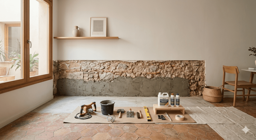 Foto fotorrealista del interior de una vivienda en Spain con una pared de piedra expuesta en proceso de reparación por humedad capilaridad. En primer plano, sobre un cartón protector, se muestran herramientas profesionales de construcción (mezcladora, cubos, llanas, nivel, cinta de enmascarar) y productos de tratamiento antihumedad (bidones de Revestimiento Hidrófugo) organizados en una composición limpia con luz natural suave y tonos neutros.