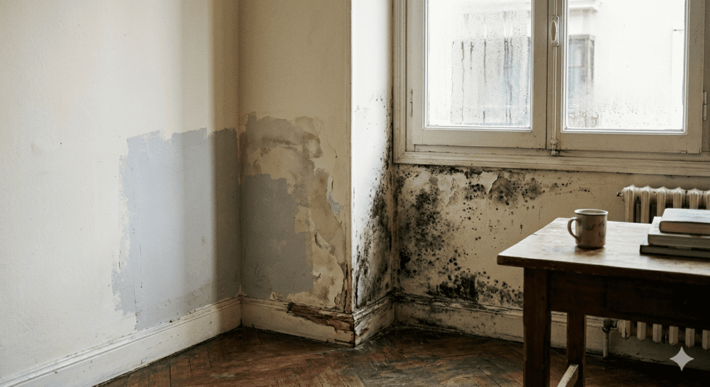 Una fotografía fotorrealista que muestra un rincón de una casa con problemas de humedad graves y sin resolver. En el primer plano, una pared pintada de gris tiene parches de pintura descascarada y moho oscuro en la base. Justo al lado, una pared de color crema tiene una gran mancha de moho negro y moho marrón claro alrededor de una ventana de vidrio con condensación. Debajo de la ventana hay un radiador viejo y descascarado. En el centro, una mesa de madera sostiene una taza de café marrón y una pila de libros. El piso es de parquet oscuro. La imagen transmite una sensación de negligencia y frustración debido a los problemas de humedad.