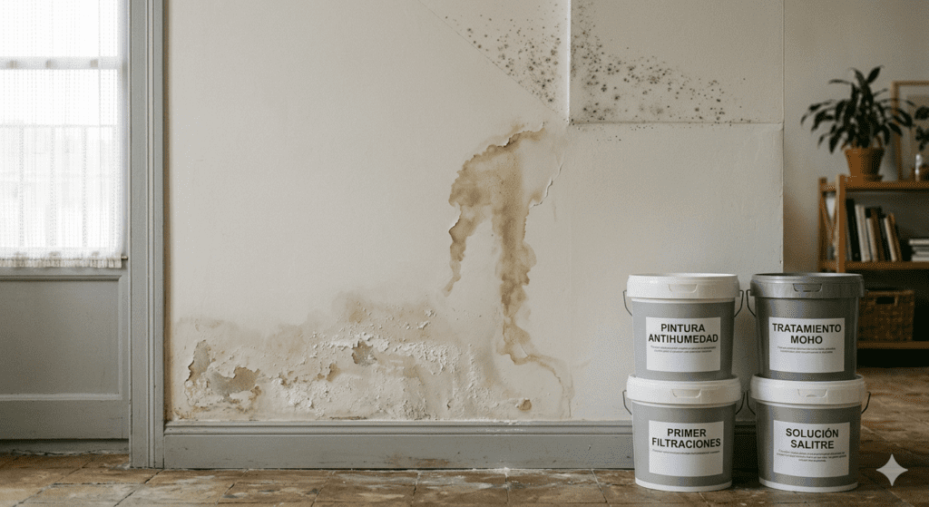 Pared de interior con graves daños por humedad, moho visible y pintura descascarada en la base. Junto a la pared hay cuatro botes de pintura y tratamiento etiquetados como "Pintura Antihumedad", "Tratamiento Moho", "Primer Filtraciones" y "Solución Salitre". Esta imagen muestra los diferentes tipos de problemas de humedad que pueden afectar a una vivienda y los productos específicos para solucionarlos, ideal para un artículo sobre reparación de paredes y eliminación de humedades.