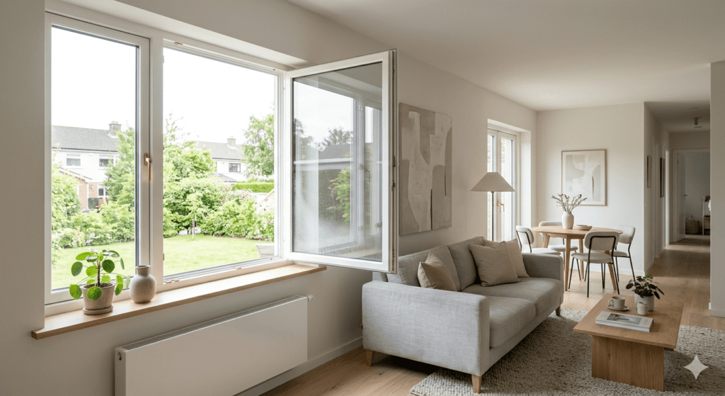Fotografía de un salón moderno y luminoso con una gran ventana blanca abierta que da a un jardín frondoso. El interior presenta una decoración minimalista en tonos neutros, con un sofá gris, suelos de madera, una mesa de comedor al fondo y un radiador blanco debajo de la ventana. La luz natural inunda la estancia, transmitiendo una sensación de amplitud y aire fresco.
