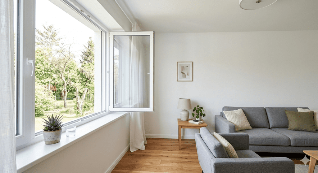 Un salón moderno y luminoso con una gran ventana blanca abierta que da a un frondoso jardín. La habitación tiene suelos de madera, paredes blancas, un sofá y un sillón grises, y una pequeña mesa auxiliar de madera. La luz natural inunda el espacio, creando un ambiente acogedor y relajante.