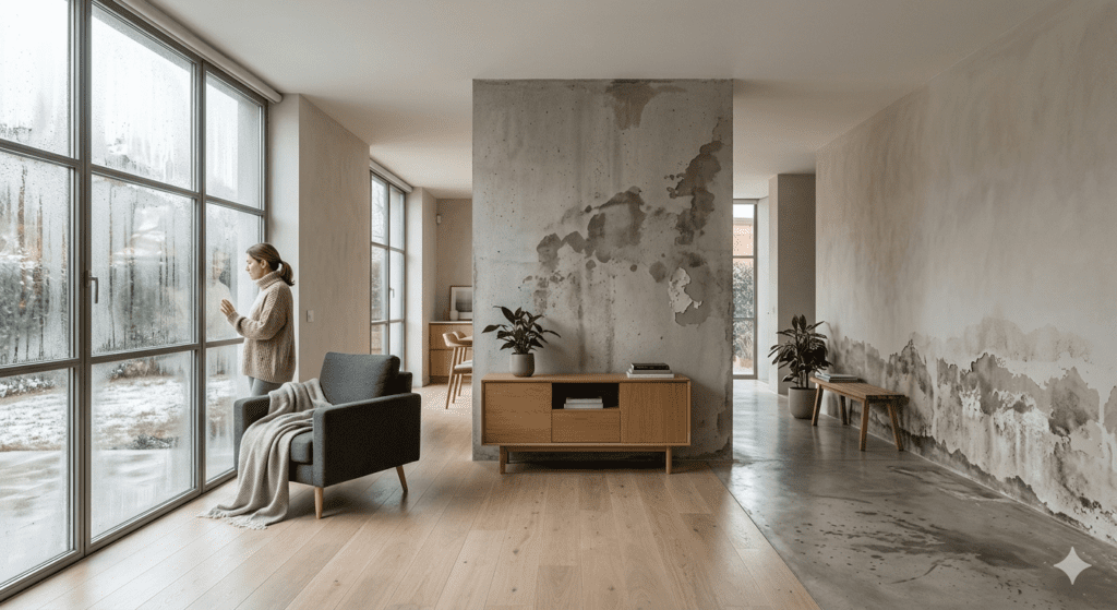 Fotografía de un interior de vivienda moderna dividida en tres zonas que muestran diferentes tipos de humedad en casa: condensación en ventanas con una persona mirando, filtración en una pared de hormigón central y capilaridad ascendente deteriorando una pared lateral.