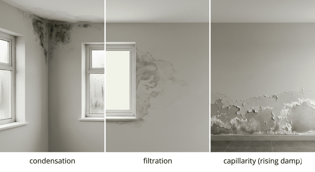Ilustración comparativa fotorrealista que muestra tres tipos de humedad en paredes interiores: condensación con moho superficial en la esquina de un techo y ventana; filtración con manchas marrones de agua localizadas cerca de una ventana; y capilaridad (humedad ascendente) con pintura levantada y eflorescencias salinas en la base del muro. Composición limpia con iluminación suave.