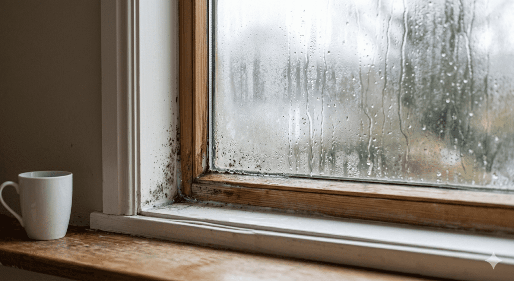 Fotografía fotorrealista del interior de una vivienda que muestra una ventana con condensación acumulada, gotas de agua en el cristal, un marco de madera húmedo y moho negro visible en la esquina de la pared. Incluye una taza blanca sobre el alféizar.