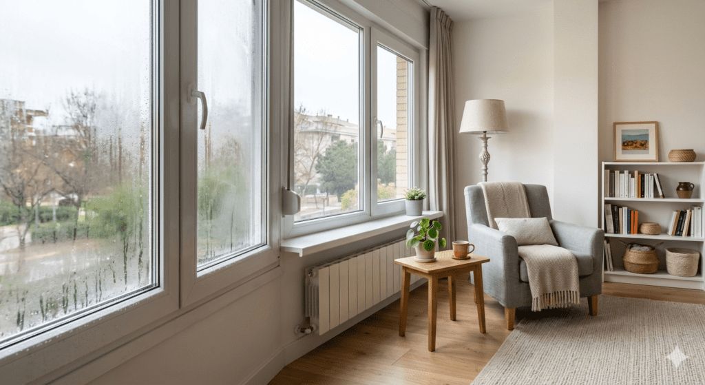 Fotografía arquitectónica del interior de una vivienda real limpia y ordenada, mostrando condensación en las ventanas grandes de PVC. La escena, lista para mejorar la ventilación, incluye un sillón gris con manta, una mesa auxiliar de madera con una taza y plantas, y una estantería en tonos neutros bajo luz natural suave.