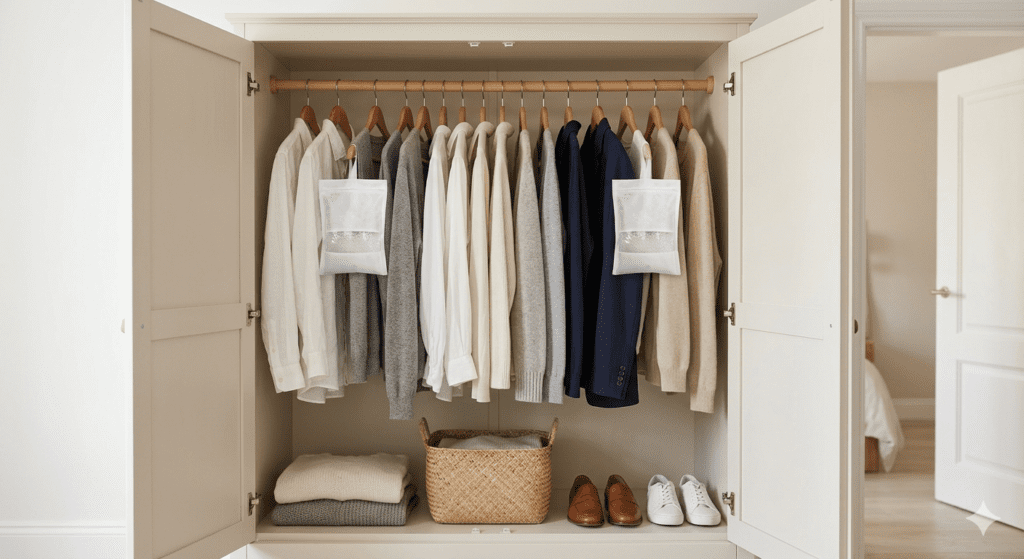 Interior de un armario organizado con ropa colgando de perchas de madera. Dos bolsas blancas de absorbentes de humedad para armarios están suspendidas entre las prendas. Una cesta y zapatos en la parte inferior.