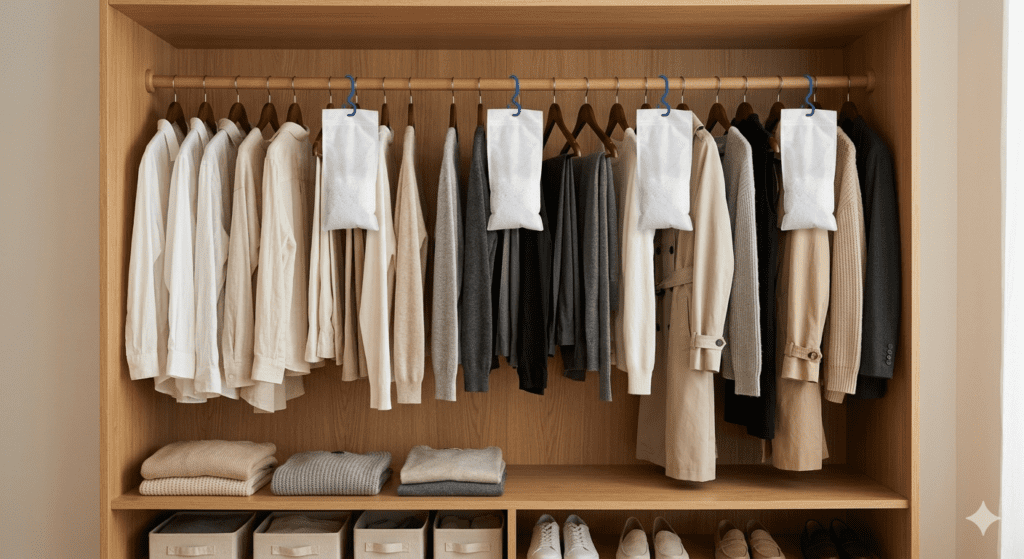 Interior de un armario de madera perfectamente ordenado con ropa colgada en tonos neutros (blanco, gris, beige). Varias bolsas blancas antihumedad y deshumidificadoras con perchas azules están distribuidas entre las prendas para prevenir el olor a humedad y los hongos. En las baldas inferiores hay ropa doblada y zapatos organizados. Fotografía minimalista y fotorrealista.