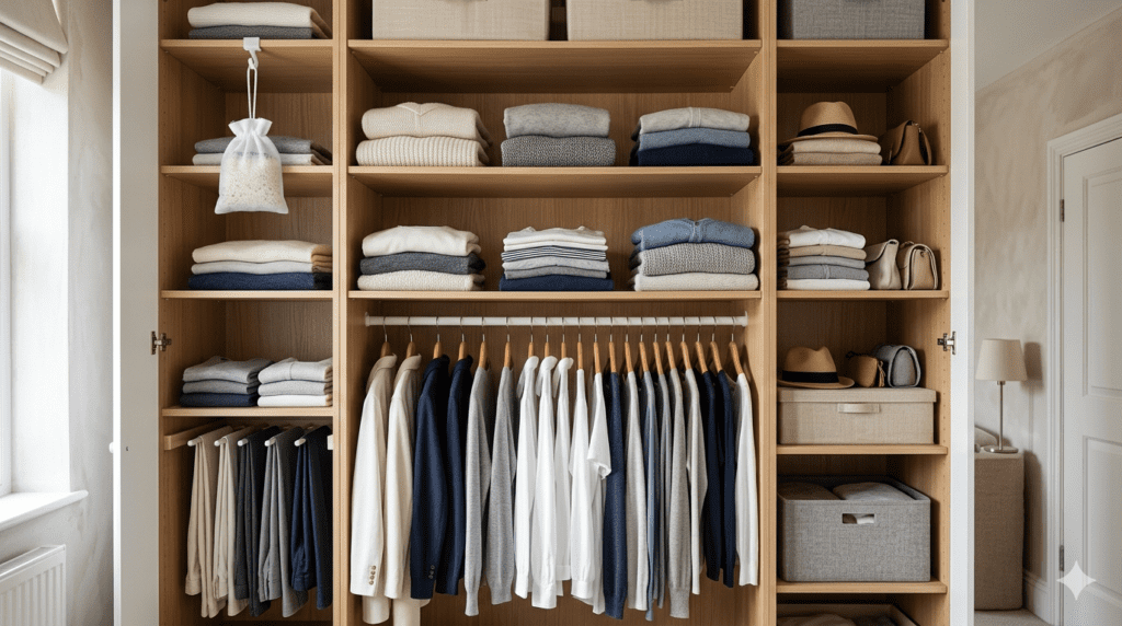 armario seco sin humedad con absorbente y ropa bien organizada