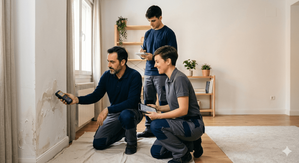 Equipo de expertos realizando un diagnóstico técnico de humedadencasa mediante el uso de un medidor digital en una pared afectada, garantizando una solución profesional y efectiva en el hogar.