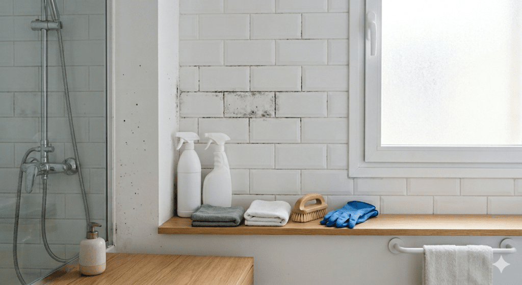 Productos para eliminar moho en azulejos de baño y paredes, con botes de spray, paños y cepillo de limpieza ordenados en una guía práctica de limpieza del hogar.
