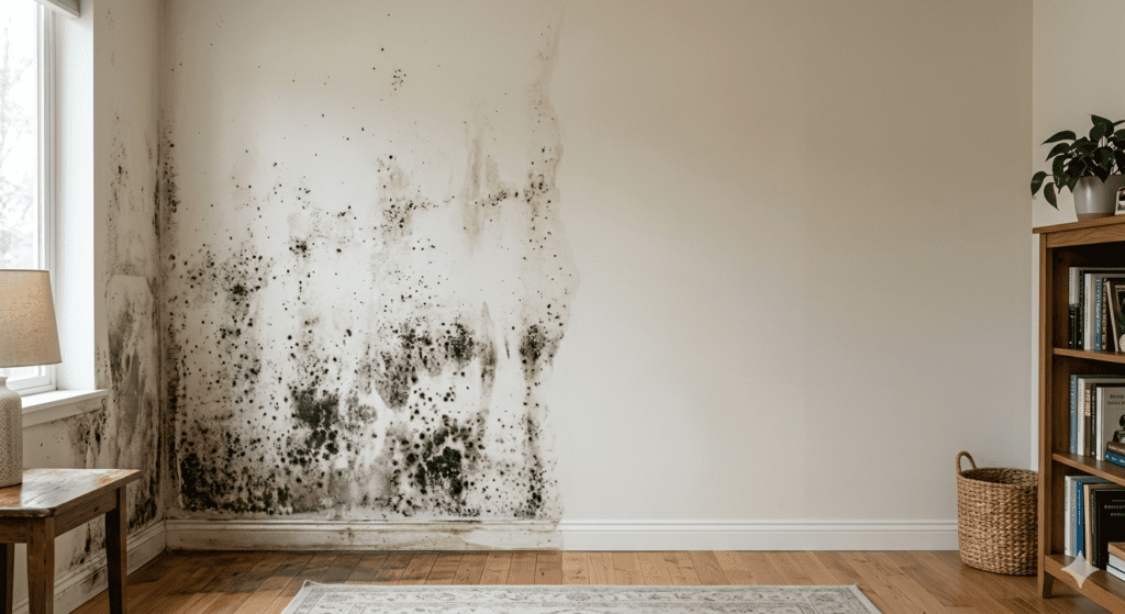 Comparativa de pared con moho negro y pared limpia tras tratamiento antimoho en un salón iluminado. A la izquierda se observa humedad superficial y a la derecha una superficie seca y restaurada con pintura neutra.