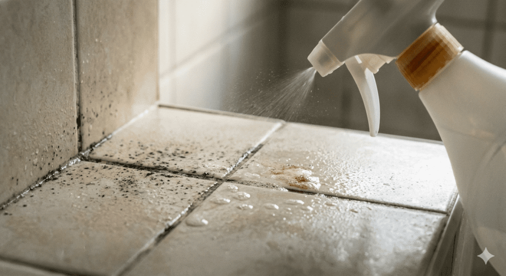 Primer plano macro de spray antimoho aplicándose sobre juntas de azulejos de baño con moho negro, gotas de producto de limpieza actuando sobre la superficie húmeda y fotorrealista.