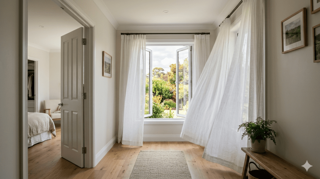 ventilación cruzada en casa con ventana y puerta abiertas